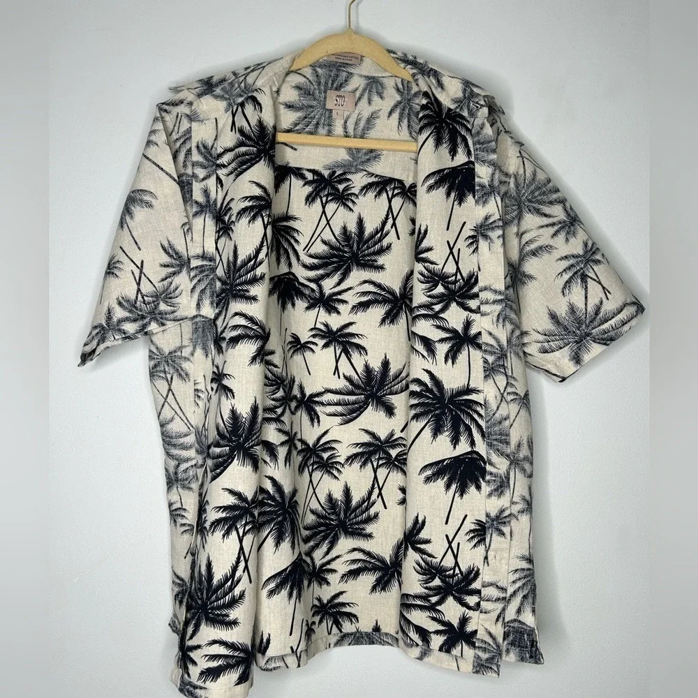 STO Men's Linen Cotton Hawaiian Shirt Palm‎ Tree Print Beige Black Size L